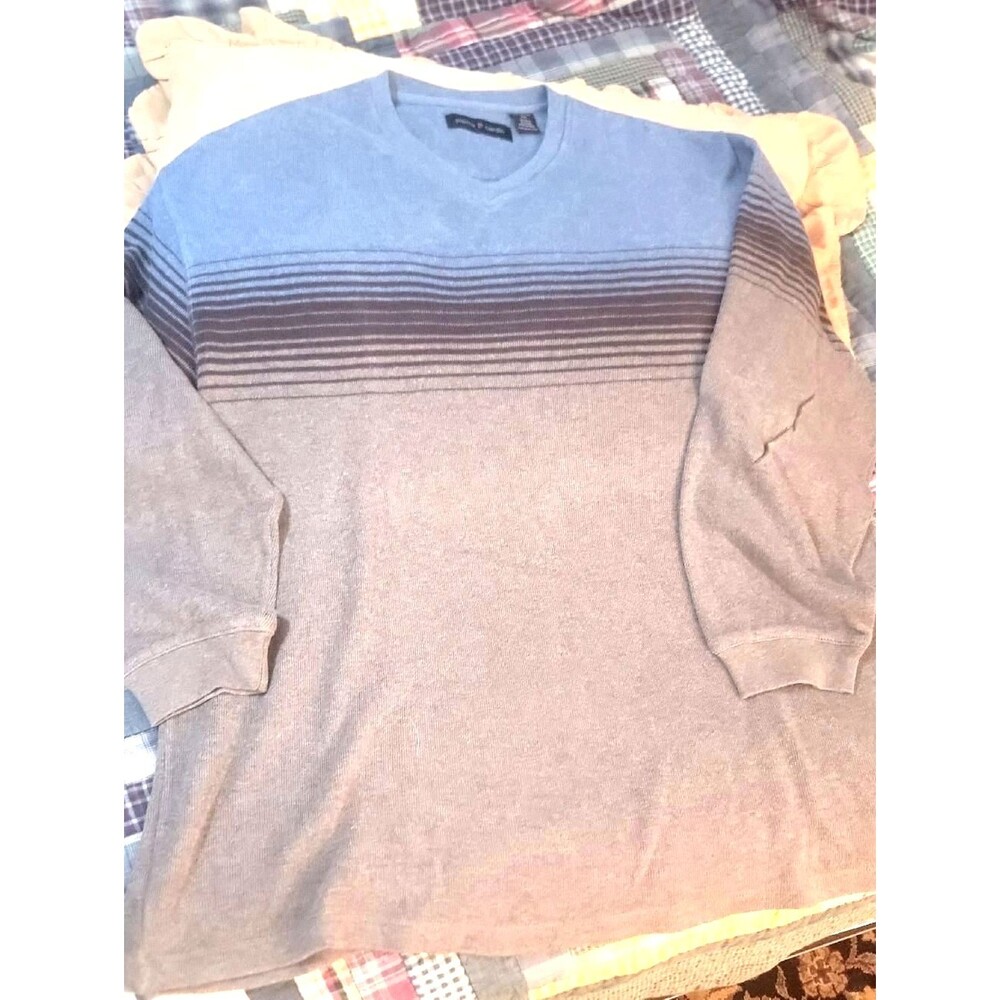 Pierre Cardin Men's V-Neck Sweater XXL Light Blue Brown Gradient Ombre Stripes